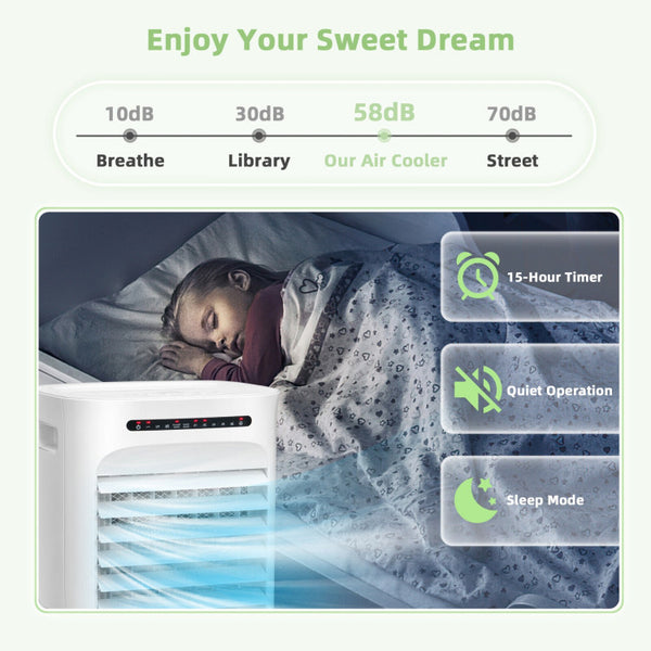 Whisper-Quiet Operation: Rest easy with our ultra-silent air cooler. Operating at noise levels lower than 58 dB, it ensures undisturbed sleep and peaceful work environments. Plus, with the convenient 15-hour timer, you can set it to automatically turn off, providing you with a restful night's sleep. With its 2.6-gallon water tank, it can cool continuously for up to 21 hours, keeping you cool throughout the night.