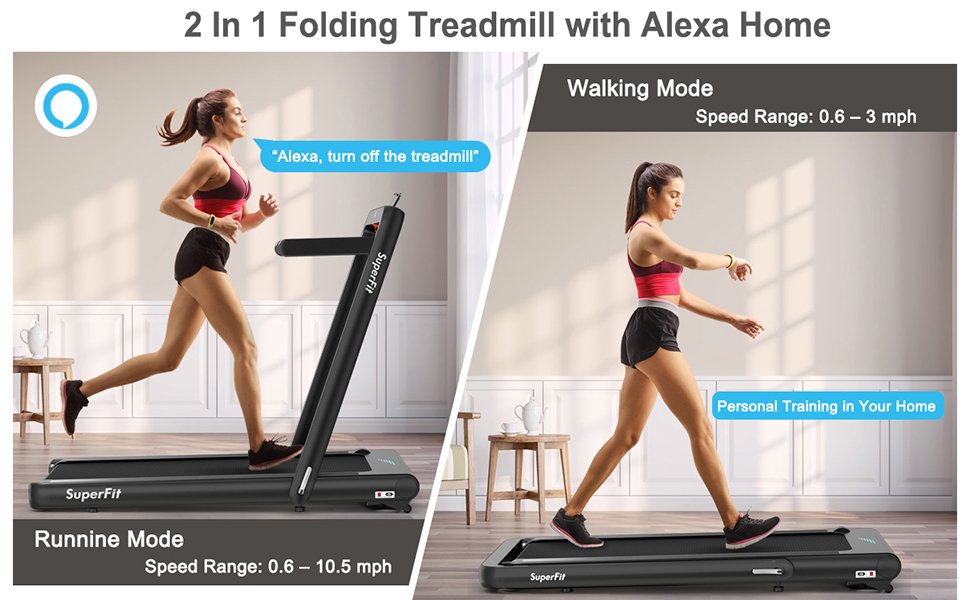 Versatile 2-in-1 Treadmill: Our Superfit treadmill offers 2 different running speeds, making it a versatile choice for your fitness needs. With the risers raised, the running speed is 0.6 – 10.5 mph for running. And when used as an under-desk running machine, the speed is 0.6 – 3 mph for walking or jogging. Use the remote control to start it under this mode.