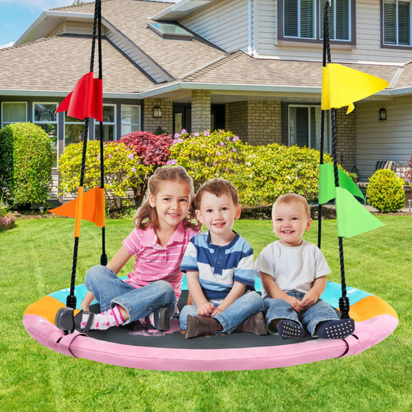 Eye-Catching Patterns and Decorative Flags: The center of the saucer features adorable cartoon figures, such as a monkey, horse, or helicopter, which instantly captivate your kids' imaginations and make the swing irresistible to them. Additionally, the vibrant flags add a touch of charm and energy, transforming the swing into a visually appealing and exciting play space.