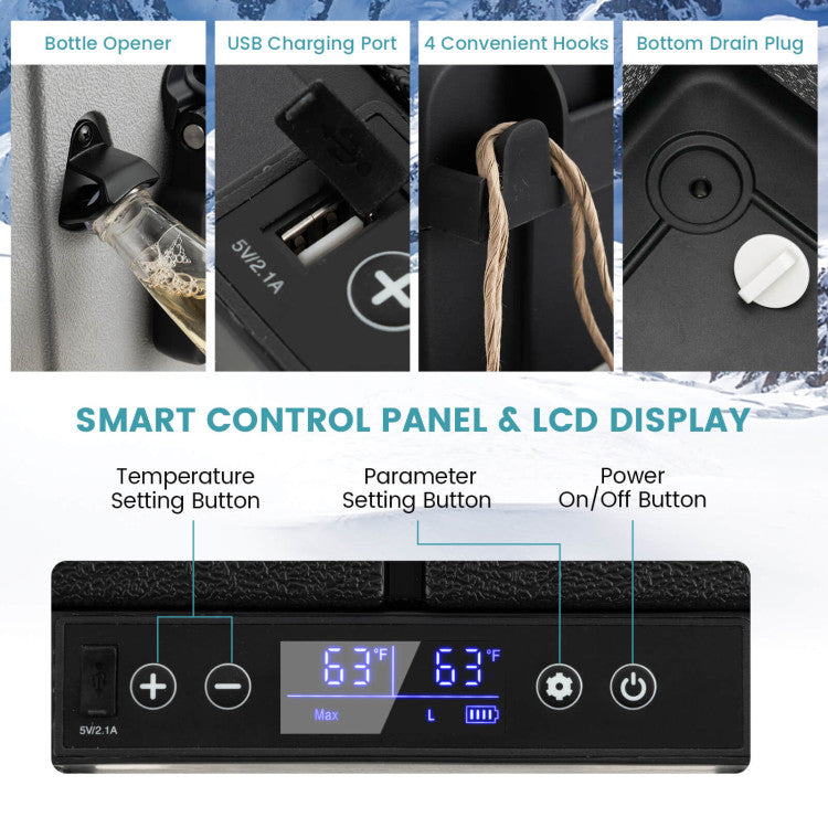 Intuitive Control Panel and LCD Display: Our car fridge features a user-friendly touch control panel with temperature and parameter settings, a power on/off button, and an LCD display for easy operation. Choose between two working modes: ECO mode (45W) for energy efficiency and MAX mode (60W) for rapid cooling.