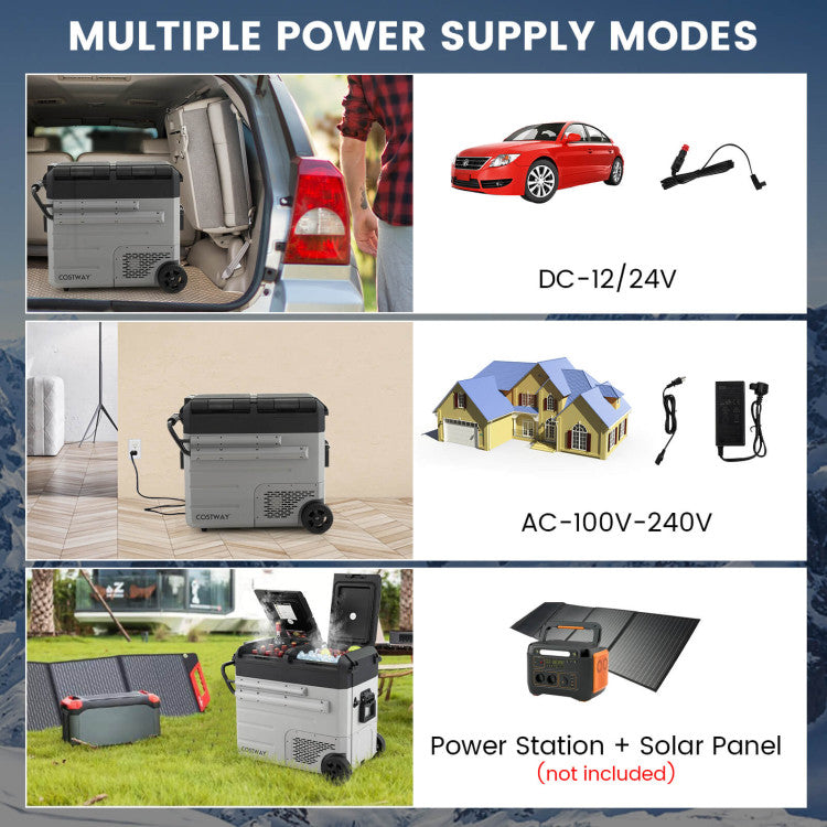 Multiple Power Supply Options: Enjoy the freedom of multiple power supply modes. Our dual-zone fridge comes with a DC-12/24V power cord for car use and an AC adapter 100V-240V for household use. It can also be powered by a solar panel or power station (not included). Perfect for camping, road trips, picnics, and other outdoor activities.