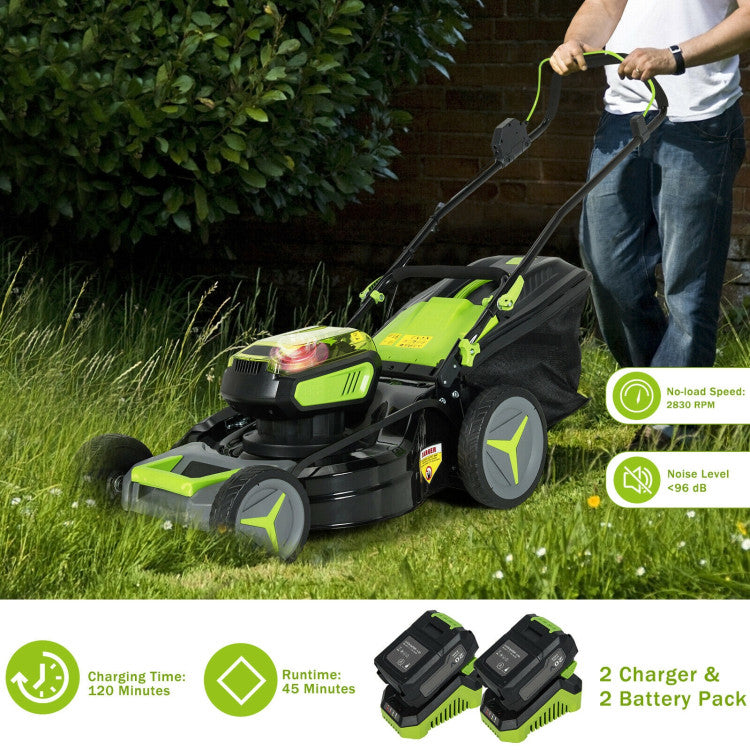 Unleash the Power: Our cordless lawn mower boasts a high-performance battery pack featuring two 20V 4.0Ah lithium batteries, ensuring a worry-free mowing experience with a quick 120-minute charge time. Enjoy up to 45 minutes of no-load operation, tackling your lawn effortlessly.