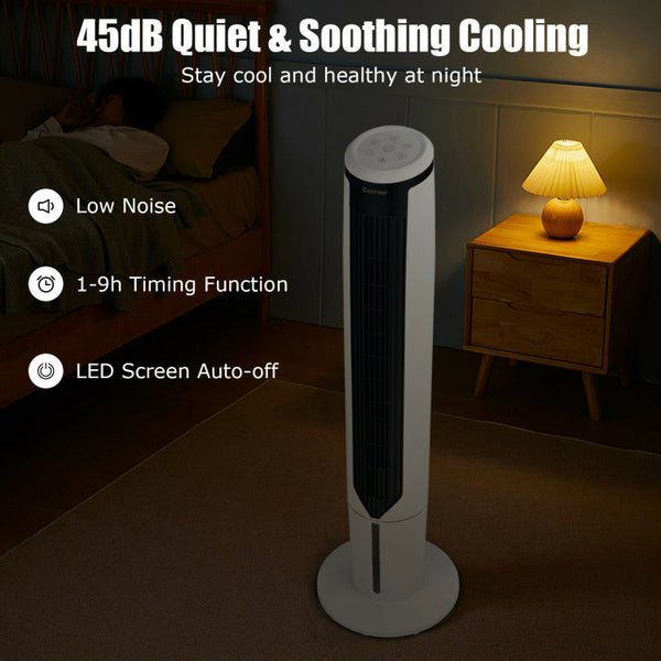 Whisper-Quiet Operation for Restful Sleep: Sleep peacefully with our quiet yet powerful air cooler, producing less than 45dB of noise. Set the auto-off timer for 1 to 9 hours, and let the LED display automatically turn off after 3 minutes of inactivity. For enhanced cooling, we provide 4 iceboxes to optimize your comfort.