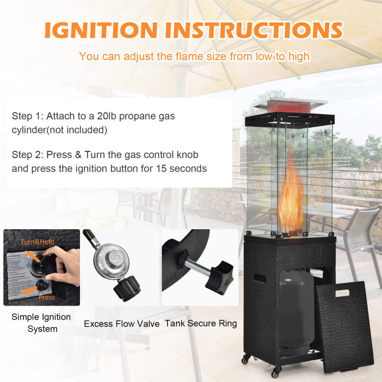 Safe and Easy Ignition: Ensure a quick and safe start with our patio heater's ignition system. Connect to a 20 lbs propane gas cylinder, press and turn the control knob, and enjoy reliable heat. Flame-out protection enhances safety for worry-free use.