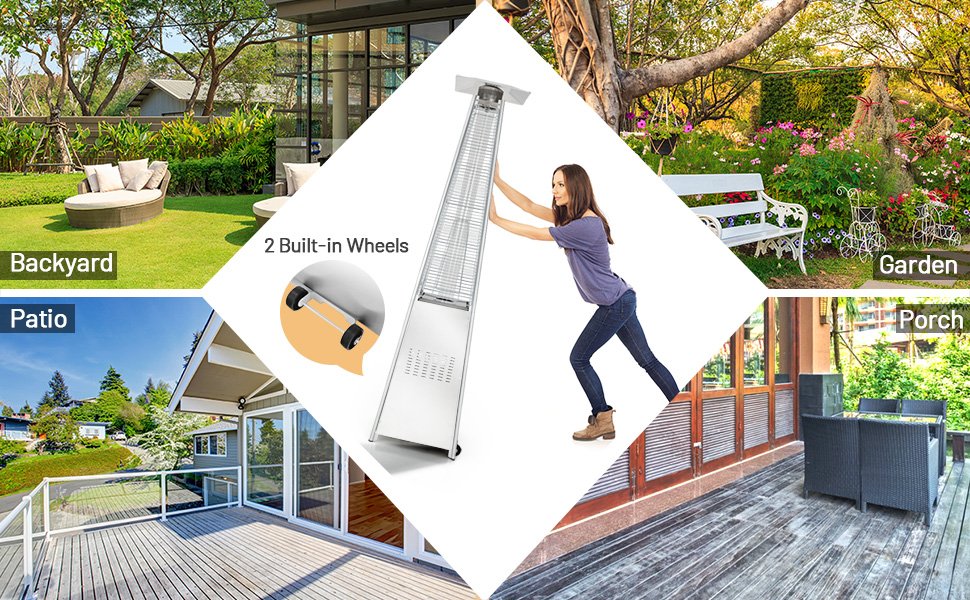 Portable & Stylish Design: Move warmth where you need it! With built-in wheels, our propane patio heater is effortlessly portable. Its modern design seamlessly integrates with your outdoor decor.
