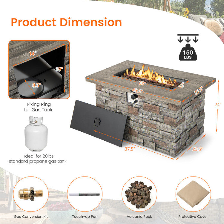 Complete Package: Our fire pit table comes with volcanic rocks, a touch-up pen, a gas conversion kit, and a protective cover. No assembly is required, saving you time and effort. Just grab 1 x AAA battery (not included) for the ignition device and a standard 20 lbs propane tank (not included), and you're ready to enjoy the warmth and ambiance.