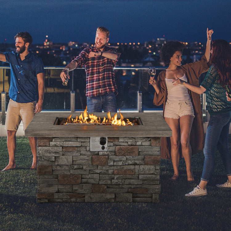 Stunning Aesthetic Appeal: With its stone-like finish and wood-like tabletop, this fire pit table is sure to turn heads in any outdoor setting. Place it in your backyard, by the pool, or in the garden, and let its anti-slip, adjustable footpads protect your surface and provide stability.