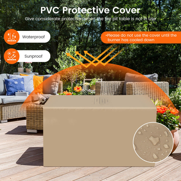 Weather-Resistant Build: Crafted from durable natural ore powder, the fire table is fireproof, heat-resistant, and weatherproof. The stainless steel burner guarantees long-lasting performance. For added protection, a sunproof and waterproof PVC cover is included. Remember to use the cover only when the burner has cooled down.