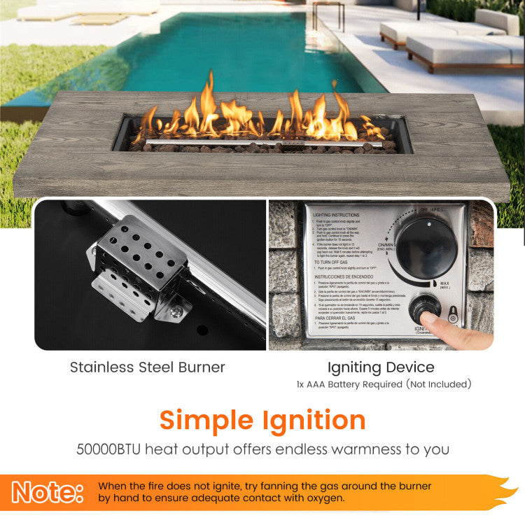 Effortless and Secure Ignition: Our fire pit table features a user-friendly control panel with a push-button ignition and flame adjustment knob for a hassle-free experience. Safety is a top priority, with CSA certification ensuring peace of mind. Please avoid covering the burner completely with volcanic rocks during ignition and keep the rocks dry to prevent splashing.