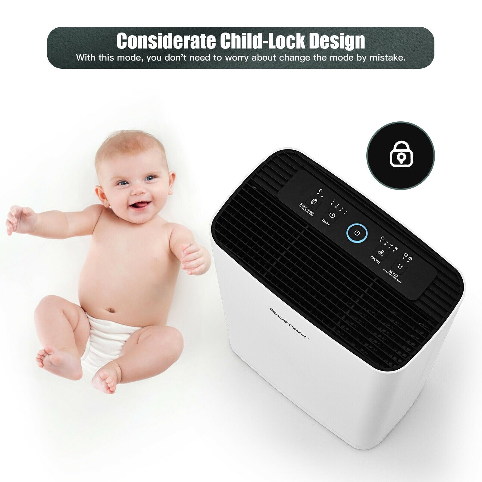 Timer and Child-Lock Function: The timer can be set for a duration of 1 to 8 hours, allowing you to maintain clean air while conserving energy, particularly during sleep. The child-lock mode ensures the air purifier remains unaffected by pets or children.