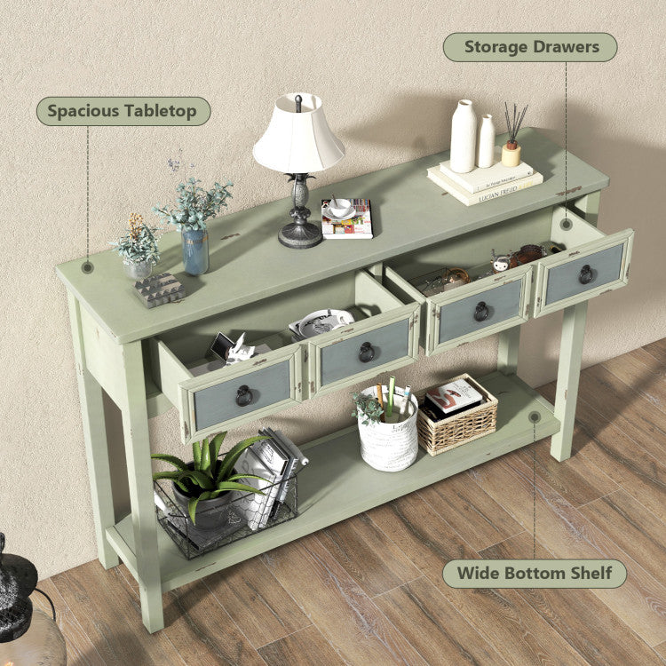 Ample Storage Space: Practical meets stylish with our console table that offers generous storage options. Enjoy the convenience of a spacious tabletop, two storage drawers, and a wide bottom shelf to keep your essentials organized and easily accessible. Say goodbye to clutter and hello to functional beauty.