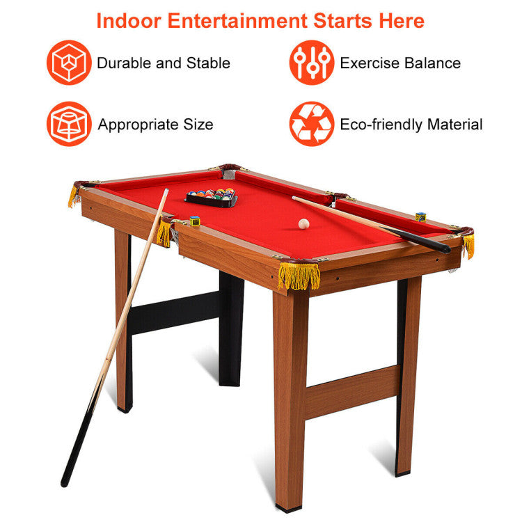 Durable Construction with Stability: Crafted from premium MDF, our pool table guarantees durability. Triangular support and horizontal bars ensure stability, while leg levelers adapt to uneven floors for a perfectly balanced playing surface.