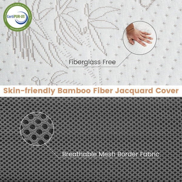 Skin-friendly Bamboo Mattress Topper: Enjoy the luxurious feel of our breathable bamboo cover. It offers superior softness, and excellent tactility, and is free of fiberglass, allowing you to sleep peacefully for extended periods. The delightful 3D patterns and refreshing bamboo fragrance bring a touch of nature to your sleeping environment.