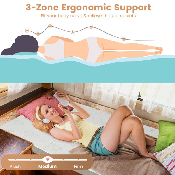 Ergonomic Support for Pressure Relief: Our trifold mattress incorporates a 4" bamboo charcoal support foam layer, effectively eliminating odors and providing optimal support for your body. The medium-firm memory foam ensures proper spine alignment, making it a perfect choice for all types of sleepers seeking pressure relief.