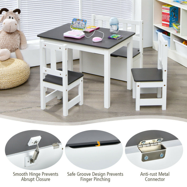 Child-Friendly Design: The table and chairs feature appropriate seat heights and ergonomic backrests, promoting healthy and comfortable sitting positions for children. Additionally, the grooved design of the storage bench's top lid ensures effortless opening while preventing any pinching incidents, prioritizing your child's safety.