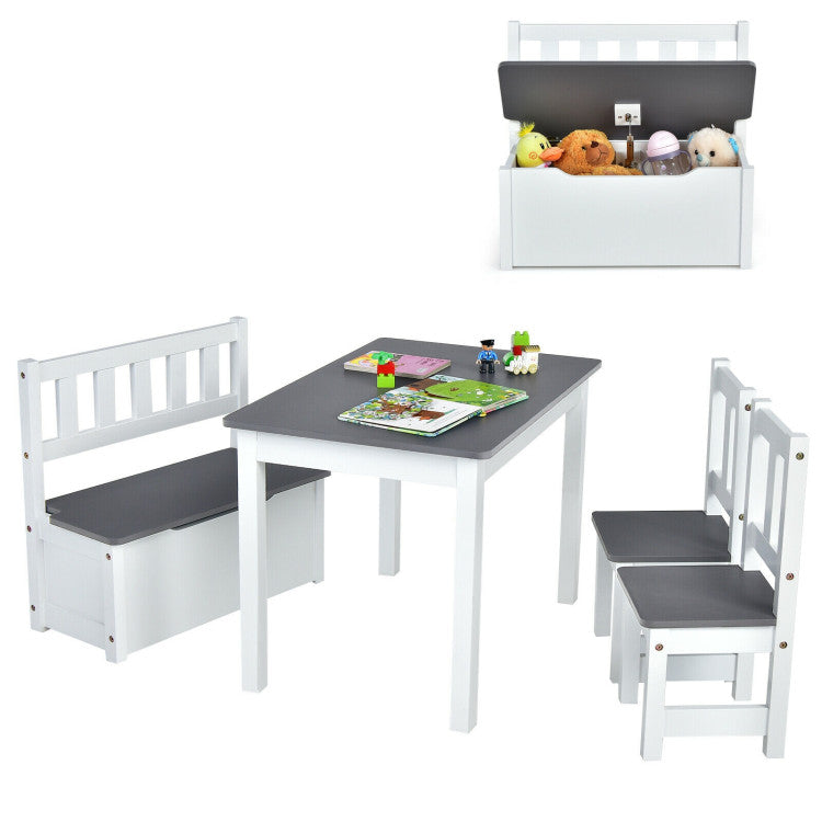 Hidden Storage Solution: Beyond its practical functionality, this table set offers valuable storage space. The spacious compartment inside the storage bench provides a concealed area to organize toys, books, clothing, snacks, and more. It effectively maximizes storage capacity while maintaining a neat appearance.