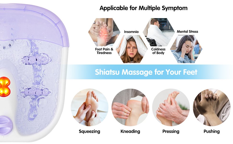 Powerful Massage with Detachable Rollers and Acupuncture Points Massage: Compared to other regular foot bath massagers. This one has a powerful message function. Just pour warm water and overheating is prevented but still keep the the water warm. Start the massage with relaxing bubbles, 4 detachable massage rollers, and precision acupuncture point massage. Powerful massaging effectively helps you to promote blood circulation, improve metabolism, relieve fatigue, and smoothen the meridians.