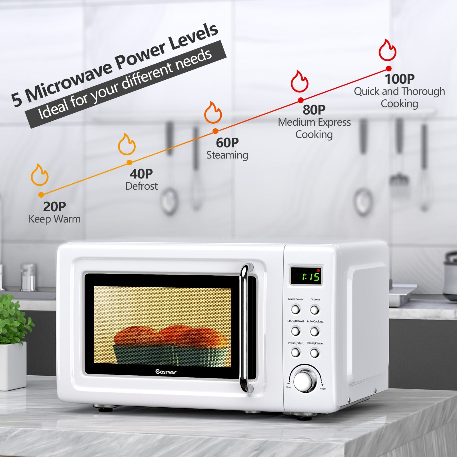 5 Power Microwave and 360° Evenly Heating: Experience versatile cooking with adjustable power levels ranging from 20% to 100%. Our microwave oven ensures 360° heating and includes a rotating glass turntable for even and deliciously cooked meals.