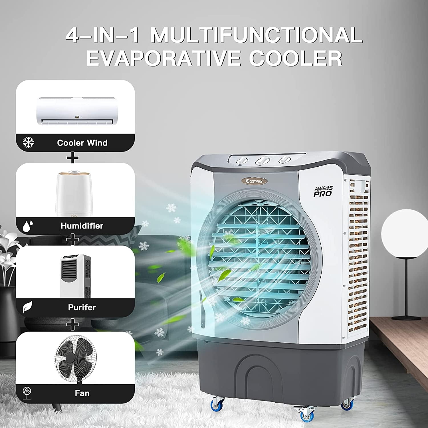Fan, Humidifier and Purifier 4 in 1: Humidifier, and Purifier: Unleash the power of water evaporation as our innovative air cooler not only cools the air but also increases humidity, delivering a refreshing breeze that surpasses traditional fans. Enhance the cooling effect by adding ice cubes to the generous water tank, while the advanced honeycombed filters ensure a continuous flow of clean, fresh air.