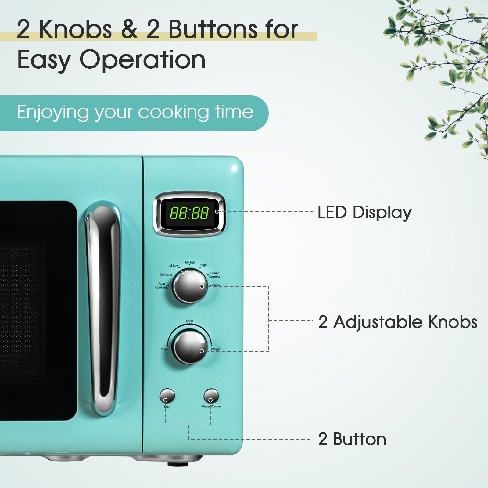 Simple operation with automatic reminders: Our microwave oven features two mechanical knobs and two buttons, allowing you to easily select power levels and set the cooking time up to 60 minutes. The LED display clearly shows the remaining cooking time, and when the cooking is complete, you'll hear three beeps as a reminder.