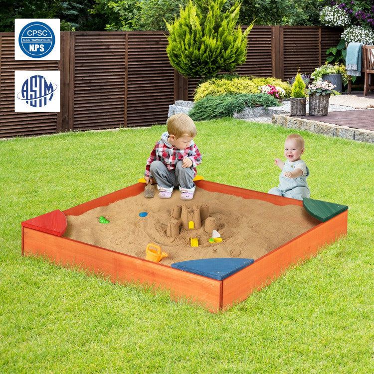 Comfortable Seating for Play Breaks: Our wooden backyard sandbox comes with 4 built-in corner seats in vibrant colors, creating a cozy spot for kids to rest and recharge during playtime. These seats are designed with safety in mind, ensuring a secure seating option.