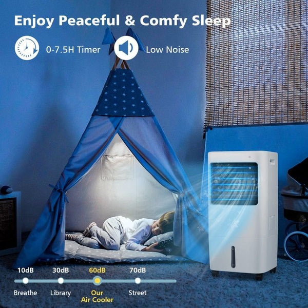 Whisper-quiet Operation and 7.5-Hour Timer: Rest peacefully with our air cooler's quiet sleep mode, ensuring noise levels below 60db for undisturbed sleep. Set the 7.5-hour timer function to automatically turn off the cooler, creating a comfortable and healthy sleep environment.