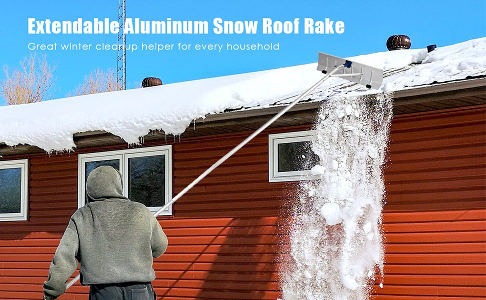 Extendable Handle for Easy Use: Tackle snow-covered roofs effortlessly with our extendable roof rake! Featuring 1 handle pole and 4 extending poles, you can easily adjust the length from 5 ft to 20 ft. Enjoy the flexibility to reach different roof portions and conveniently shorten it for compact storage. Upgrade your snow removal experience with this adaptable and user-friendly roof rake!