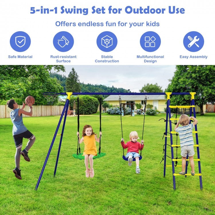 5-in-1 Versatile Swing Set: Elevate your children's outdoor playtime with this all-inclusive swing set, featuring 2 adjustable swing seats, 1 basketball hoop, 1 climbing ladder, and 1 climbing net. It's the ultimate combination for endless fun and adventure.