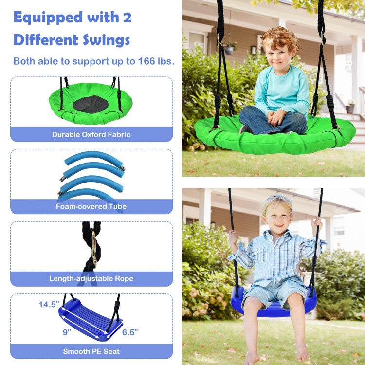 Resilient Materials: The 26" saucer swing (with a weight capacity of 166 lbs) is constructed from weather-resistant Oxford fabric, while the second swing (also with a weight capacity of 166 lbs) is made from durable and impact-resistant PE materials, ensuring they maintain their shape and endure countless playtimes.