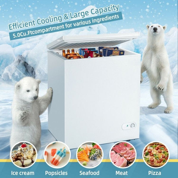 Compact design and large storage: This upright freezer features a slim design that fits anywhere in apartments, garages, and home kitchens. It doesn't take up much space but offers an interior volume of 5.0 cubic feet, which can hold a lot of food, such as ice cream, seafood, meat, and more.
