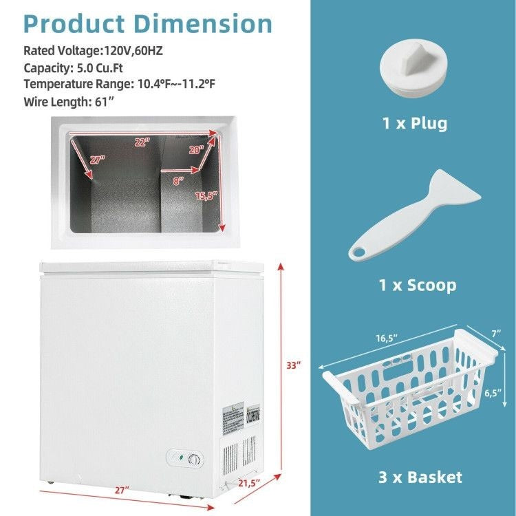 All-included Package:  Each freezer is equipped with 3 storage baskets that can be hung from the top, allowing you to better organize the interior space. You can place smaller items in the basket for easy access. Additionally, the set includes a plug for the internal drain hole and an ice shovel to aid in your defrosting operations.