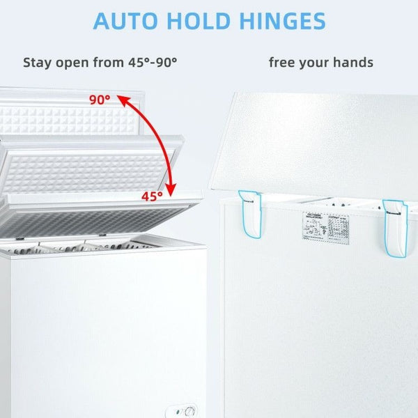 Hinge-style Door with Built-in Handles: The upright freezer features a top-loading door that stays open from 45 to 90 degrees, allowing you to access food stored inside without holding the door. Additionally, the freezer is equipped with a weatherstrip to maintain insulation and a built-in handle for easy opening.