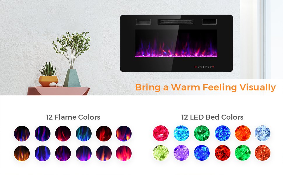 Dual Heat Settings and Lifelike Flames: Choose from 2 heating modes (750w and 1500w) to keep cozy and conserve energy. This fireplace efficiently heats spaces up to 400 square feet. With 12 flame colors and 12 bed colors, you can customize your ambiance. Abundant crystal glass enhances the realism of the flames.