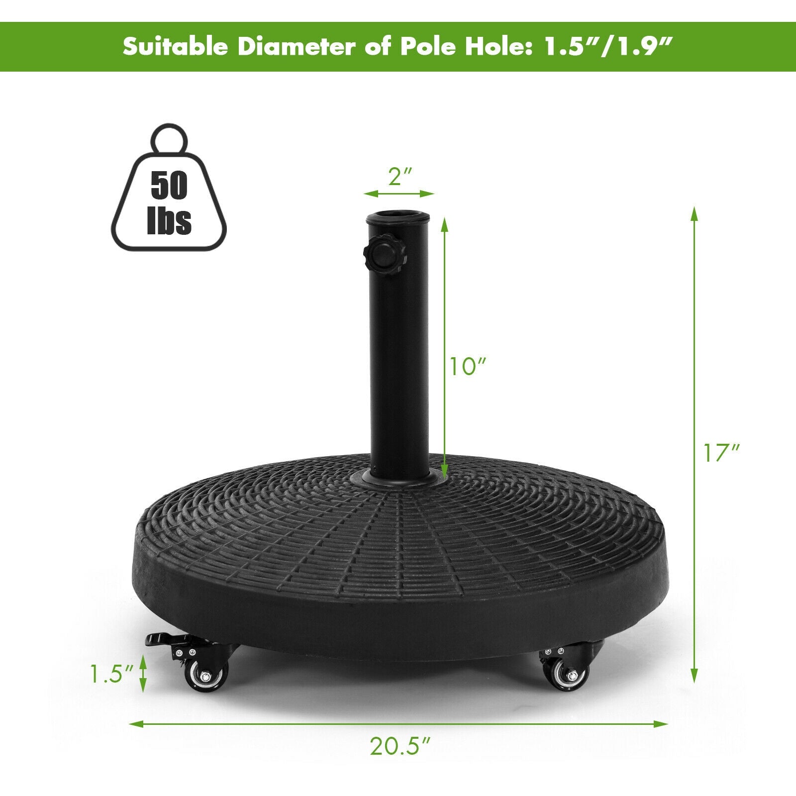 Adjustable Pole Sizes: The umbrella base features two removable plastic inserts on the top of the steel pole, accommodating both 1.5" and 1.9" diameter umbrella poles. This makes it compatible with most standard patio umbrellas available in the market. One base is sufficient to support umbrellas of different sizes.