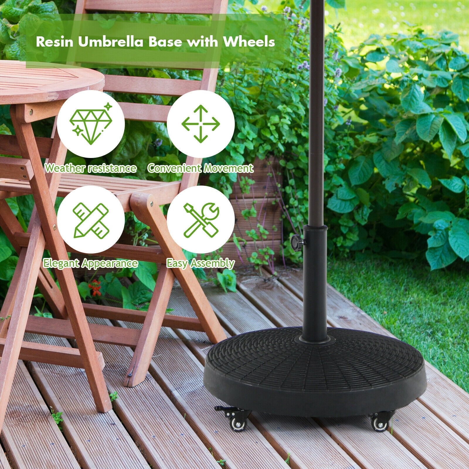 Sturdy Resin Base: Weighing a substantial 50 lbs, this patio resin umbrella base is robust and strong enough to support your patio umbrella. The hand knob on the steel tube can be tightened to firmly secure the umbrella pole, providing stability and preventing the umbrella from falling.