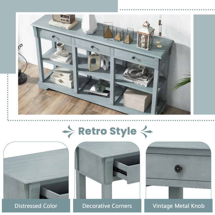 Vintage Charm Unleashed: Elevate your space with a console table exuding retro flair through its distressed color, carved detailing, and vintage metal knobs – a visual masterpiece that embodies the perfect blend of style and nostalgia.