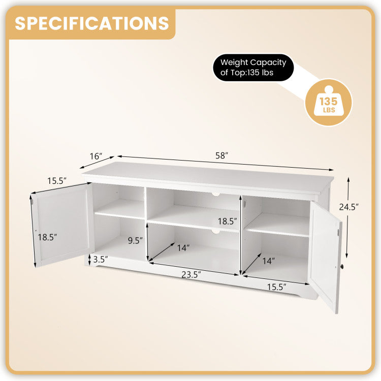 Effortless Assembly: With overall dimensions of 58" x 16" x 24.5" (L x W x H), assembling this TV cabinet is a breeze. It includes comprehensive instructions and all the required accessories. And its waterproof surface makes cleaning a snap.