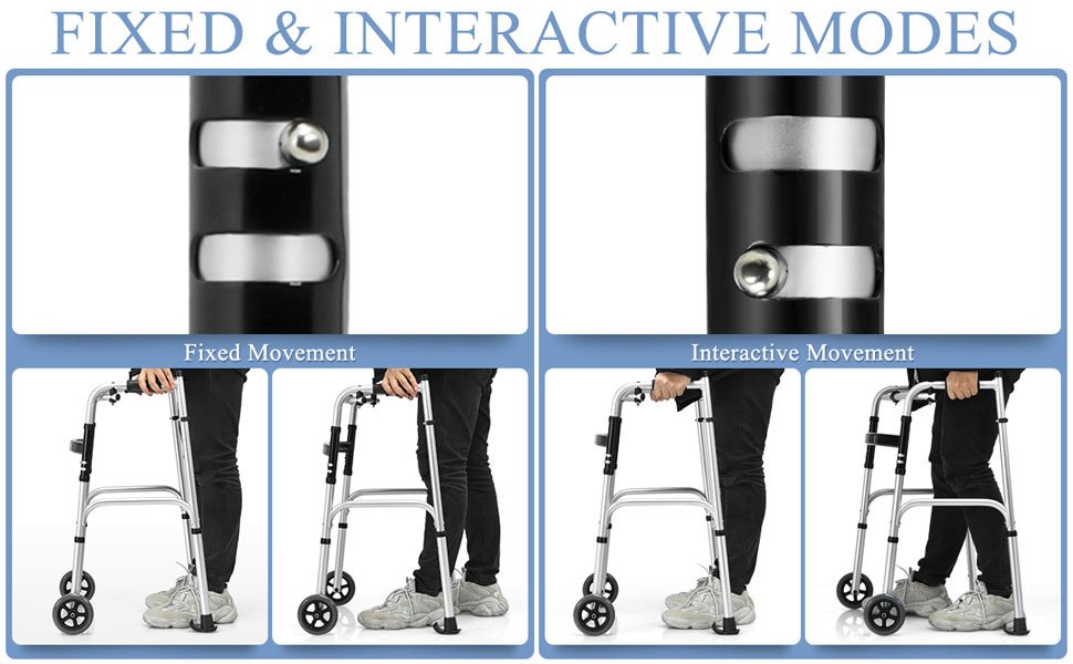 Fixed and Interactive Modes: The walker is designed with fixed and interactive modes for the elderly with different physical conditions. Under fixed mode, the walker will move forward meanwhile, which is suitable for users in late rehabilitation. For the interactive mode, walker will be in step with users in early rehabilitation to relieve the stress on legs.