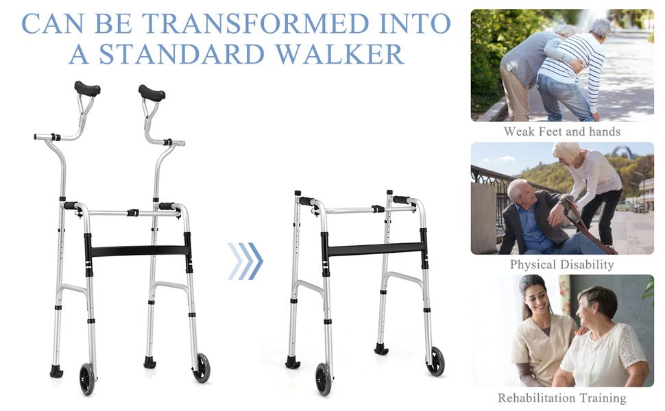 Multifunctional Walker: A smart combination of a normal walker and an auxiliary walker can satisfy your different needs. The auxiliary support can be easily installed to offer the optimal height for the elderly, which allows them to avoid blending their backs. After detaching the auxiliary support, it also can be used as a toilet handrail with anti-slip handrails.