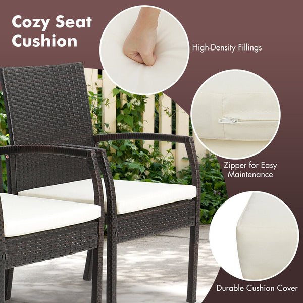 Enhanced Seating Comfort: Our wicker rattan chair set is designed for ultimate comfort. The chairs feature thick and high-resilient cushions, ensuring an ultra-comfortable seating experience. The curved backrest and ergonomic armrests perfectly conform to your body, promoting relaxation. The cushions come with zippered covers for easy removal and cleaning.