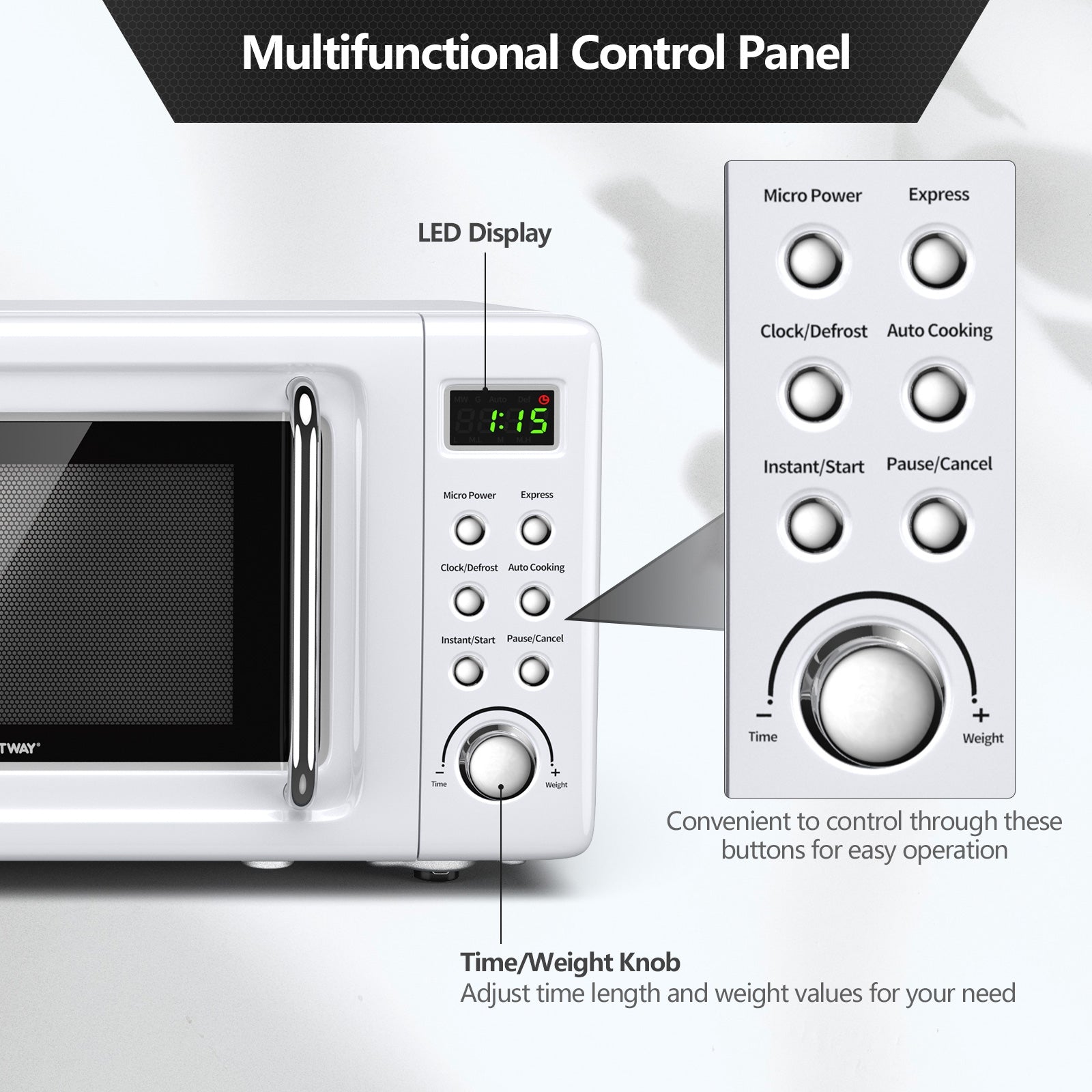User-Friendly Operation: With a user-friendly control panel featuring 6 buttons, operating our multifunctional microwave oven is a breeze. The digital LED screen displays the remaining cooking time clearly and accurately.