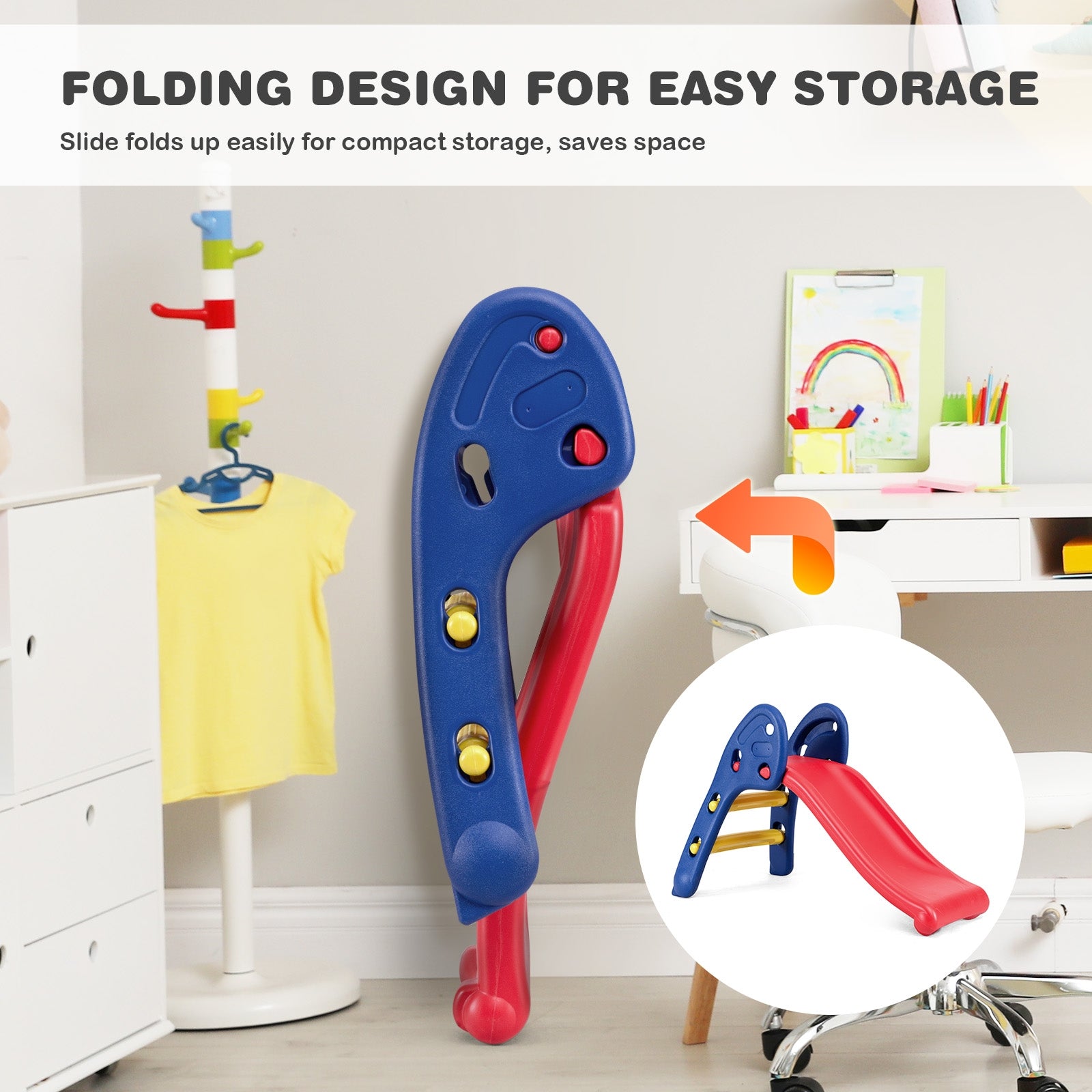 Lightweight and space-saving folding design:  Designed to maximize convenience, our slide can be easily folded and stored when not in use, reducing floor clutter. For added versatility, it can even be hung for storage. Its lightweight and portable construction allows for effortless indoor and outdoor relocation.