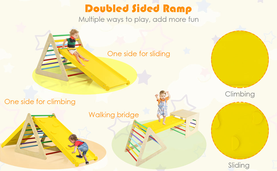 Perfect Play Set for Toddlers: This climbing play set come with two pieces 43.5" long and 18.5" wide reversible ramps, your kids can practice walking, climbing and sliding so as to develop their motor skills and improve their physical quality. They can also learn how to crawl through the tunnels of the two triangles and the cube. It is suitable for kids over 1 year old to enjoy a really funny and meaningful time.