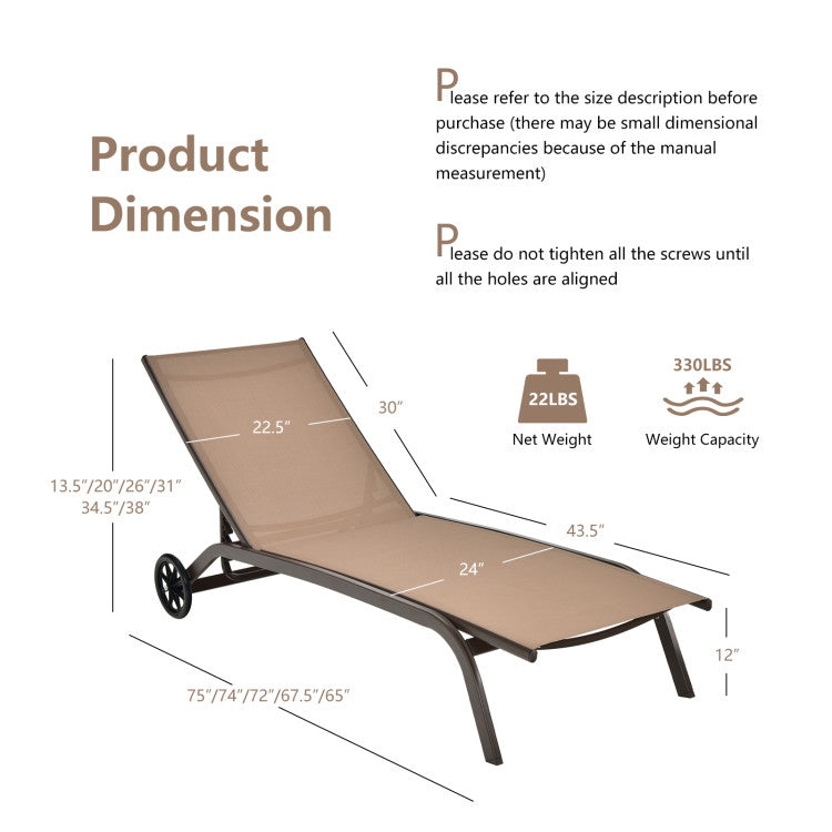 Simple to Assemble: The outdoor recliner comes with detailed instructions and all necessary accessories, ensuring a quick and straightforward setup. With overall dimensions of 75"/74"/72"/67.5"/65" x 24" x 13.5"/20"/26"/31"/34.5"/38" (L x W x H) and a weight capacity of 330 lbs, it's the perfect addition to your outdoor sanctuary.