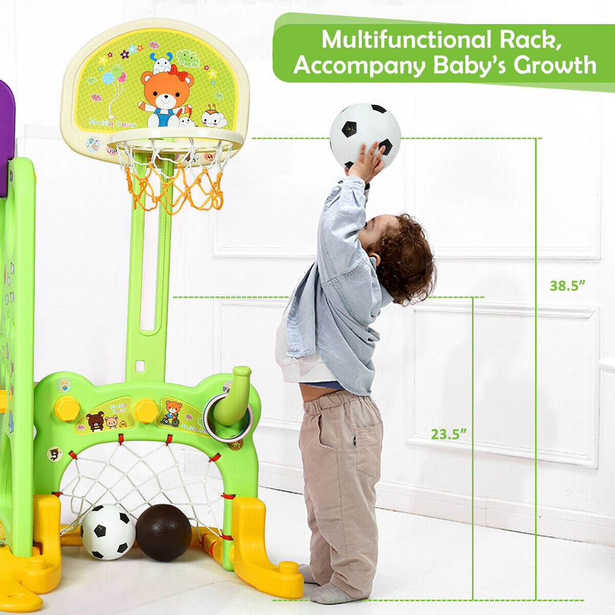 Adjustable Basketball Rack and Football Gate: Allowing for growth and offering the option for challenging outdoor sports. Extra basketball, football, and ringtoss accessories are included.