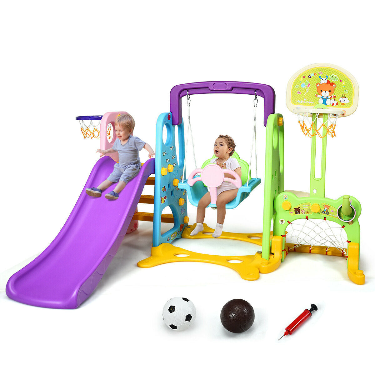6 In 1 Toddler Playset: Includes a swing, basketball hoop, football gate, slide, ringtoss, and a writing zone, promoting healthy bone growth, coordination, and balance in children.