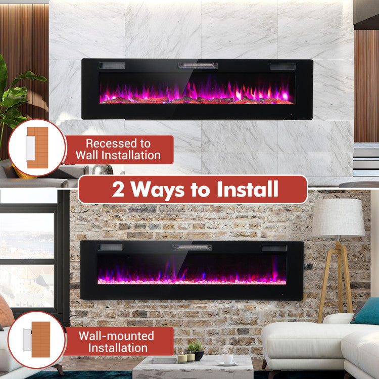 2 Installation Options: The clear instruction and complete accessories ensures a quick assembly. What's more, this electric fireplace is available in 2 installation methods. You can insert it into a wall or mount it on the wall with the preinstalled hanging rack included. Product dimension: 60" x 3.86" x 18.11" (L x W x H).