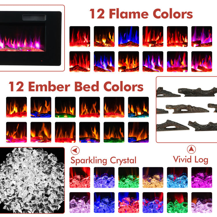 Multiple Flame Effects: Heat your space efficiently with 750W/1500W settings and 5,100 BTU output. Customize your ambiance with 12 flame colors, 12 flame bed colors, and adjustable speeds/brightness. Dual control via touch screen or remote (16.5 ft range). Safety features include an 8-hour timer and overheat protection. Quick assembly with 2 installation options.