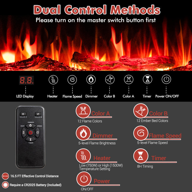Dual Control Design: This fireplace heater features 2 ways to control. The touch screen has a clear LED display. And the remote control with 16.5 ft effective control distance makes it easier to change settings without leaving where you are. Note: make sure the main power switch is turned on before operating.