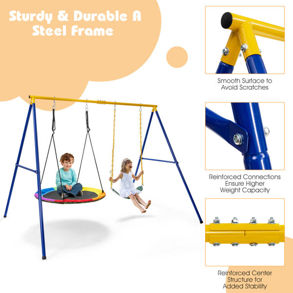 Ultra-Durable Steel Build: Our swing frame boasts an incredibly robust steel structure, expertly coated to resist rust and ensure long-lasting strength. It's virtually immune to bending or cracking. Plus, the A-frame design guarantees rock-solid stability and safety.